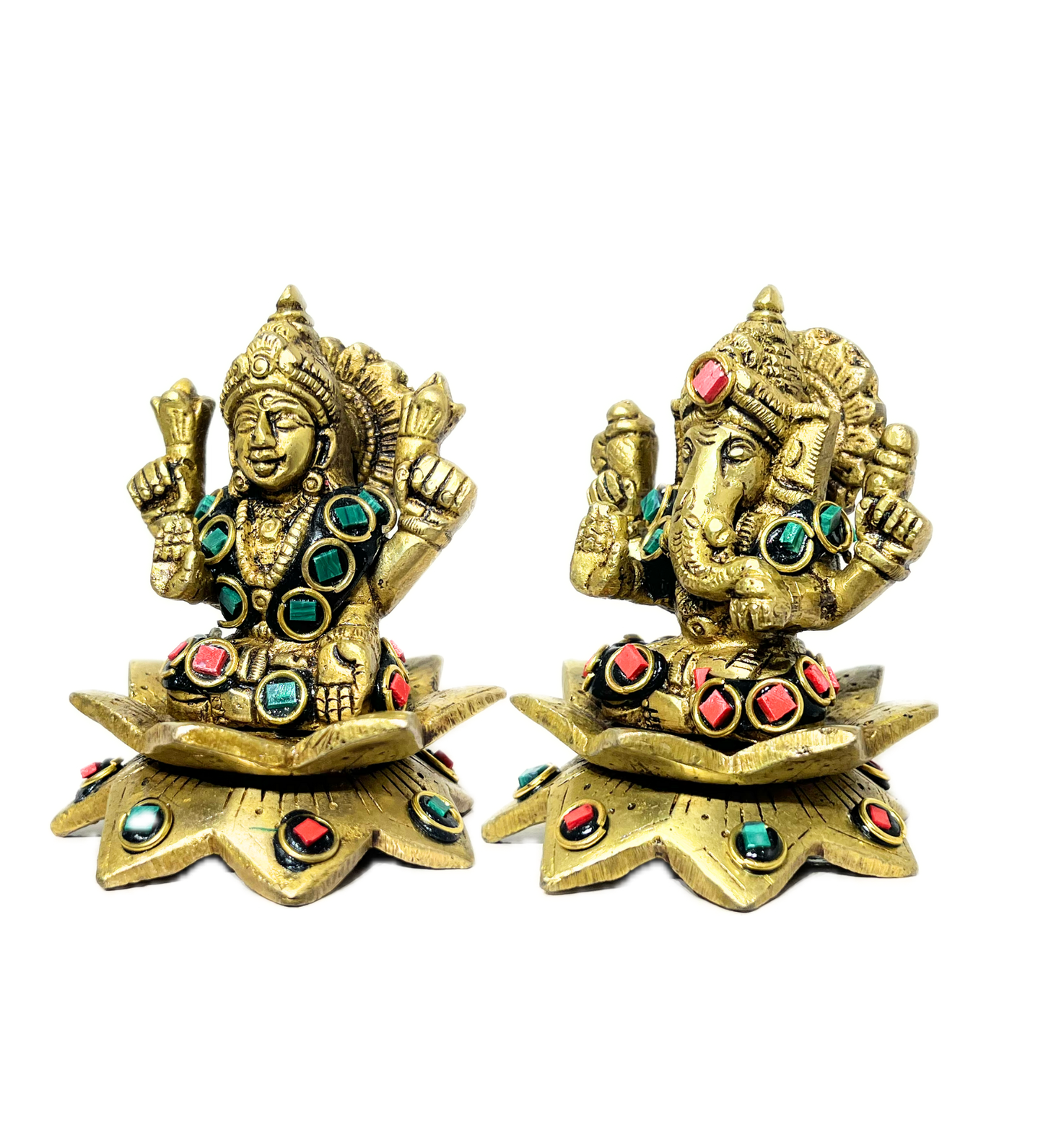 Brass Laxmi Ganesh Idol Set with Stone Finish – 100% Pure Brass