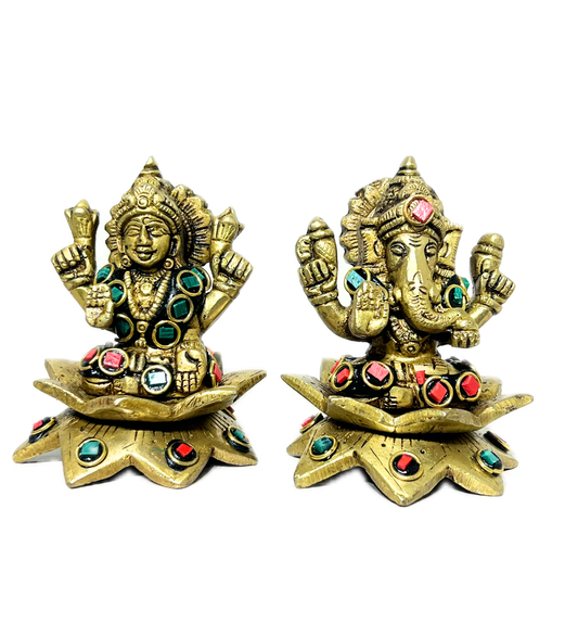 Brass Laxmi Ganesh Idol Set with Stone Finish – 100% Pure Brass